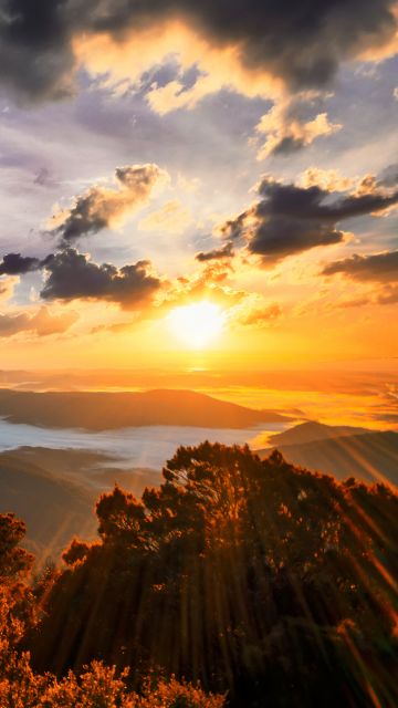 Mount Warning, Australia, Landscape, Cloudy Sky, Sunset, Mountain range, Foggy, Sun rays, Aerial view