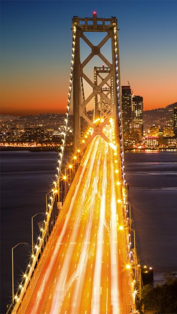 Oakland Bay Bridge, Illuminated, San Francisco, Cityscape, City lights, Landmark, California, Long exposure, Dusk, Body of Water, Clear sky, Skyscrapers, City Skyline
