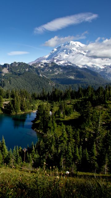 Mount Rainier, Eunice Lake, Landscape, Blue Sky, Glacier mountains, Snow covered, Green Trees, Clear sky