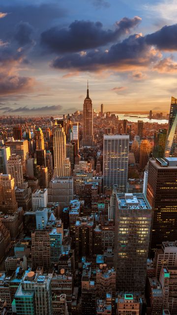 New York City, Evening sky, Aerial view, Cityscape, Skyline, Sunset, Landmark, Skyscrapers, Cloudy Sky, Sunlight