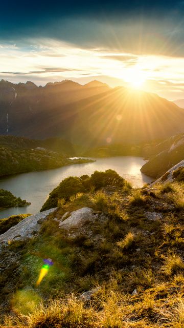 Fiordland, New Zealand, Sunrise, Mountain View, Mountain range, Landscape, Clouds, Sun rays, Northwest Lakes