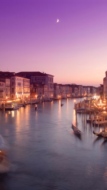 Venice city, Cityscape, City lights, Purple sky, Moon, Boats, Sunset, Body of Water, Long exposure