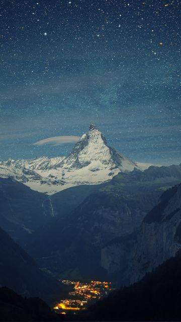 Matterhorn, Lauterbrunnen valley, Mountain Peak, Night time, Starry sky, Glacier mountains, Snow covered, Landscape, Landmark, Switzerland, Tourist attraction