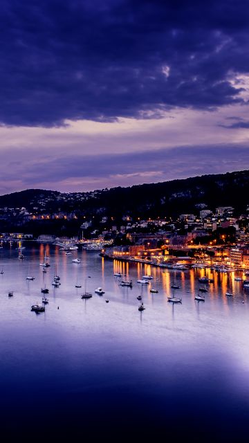 Villefranche-sur-Mer, France, Sunset, Purple sky, Seascape, Twilight, Dark clouds, Boats, Long exposure, Body of Water, Dusk, City lights