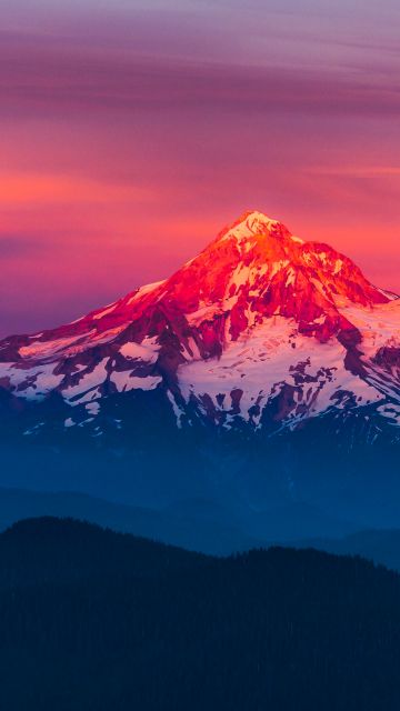 Mount Hood, Alpenglow, Oregon, Sunset, Pink sky, Mountain Peak, Glacier mountains, Snow covered, Landscape, Scenic, Beautiful