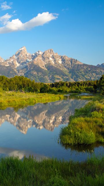 Teton Range, Rocky Mountains, Wyoming, USA, Mirror Lake, Reflection, Beaver ponds, Clouds, Blue Sky, Clear sky, Green Trees, Landscape, Scenery