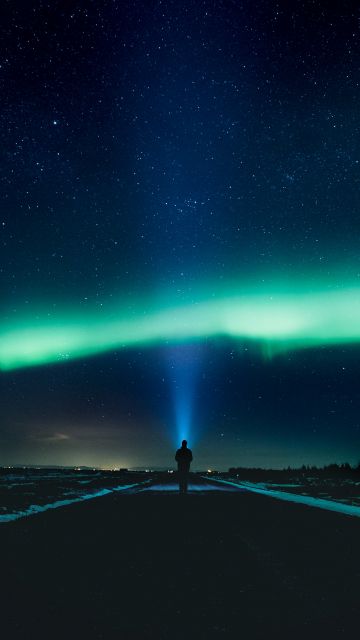 Aurora Borealis, Night time, Northern Lights, Standing Man, Light beam, Country road, Stars, Landscape, Horizon, Polar Lights
