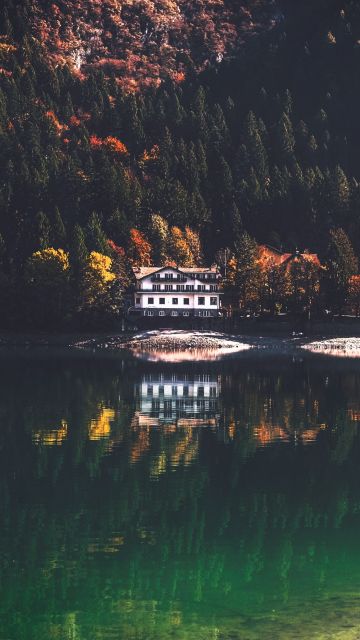Lake Molveno, Italy, Lakeside, Wooden House, Green Trees, Reflection, Forest, Landscape, 5K