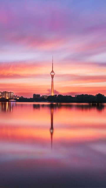 China Central TV Tower, Beijing, China, Body of Water, Silhouette, Reflection, Purple sky, Sunset, 5K, 8K