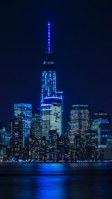 New York City, City Skyline, Cityscape, City lights, Dark background, Night time, Body of Water, Reflection, Skyscrapers, 5K, 8K