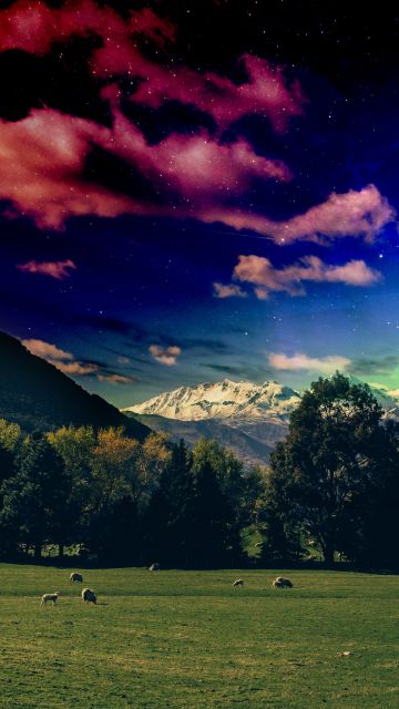Green Meadow, Grass field, Glacier mountains, Snow covered, Mystical Sky, Stars, Moon, Digital composition, Landscape, Green Trees, 5K