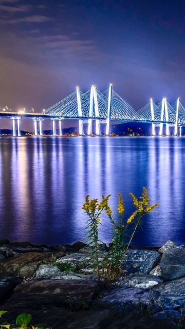 Cable-stayed bridge, Body of Water, Night time, Reflection, Sunset, Dawn, Landscape, River, 5K