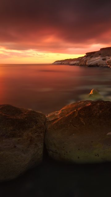Rocky coast, Sunset, Seascape, Body of Water, Cliff, Long exposure, Horizon, Orange sky