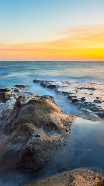 Rocky coast, Sunset, Seascape, Sunset Orange, Horizon, Clear sky, Long exposure, Ocean blue