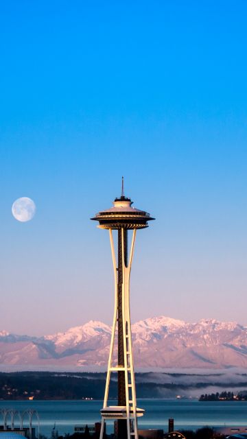 Space Needle, Seattle, Modern architecture, Landmark, Glacier mountains, Snow covered, Mountain range, Blue Sky, Clear sky, Moon, Foggy, Sunrise