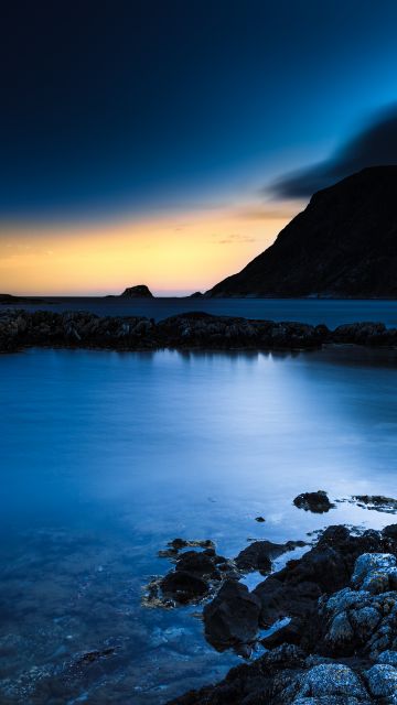 Rocky coast, Bremanger, Norway, Twilight, Sunset, Long exposure, Mountain, Dusk, Body of Water, Landscape, Night time