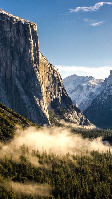 Yosemite National Park, California, Valley, Landscape, Misty, Mountains, Cliffs, Clear sky, Tourist attraction, Forest, Green Trees, Morning light, Snow covered