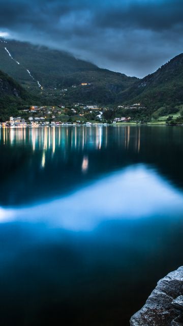 Geiranger, Norway, Village, Mountains, Lake, Dusk, Reflection, Landscape, Long exposure, Boat, Rocks, Clouds, Tourist attraction