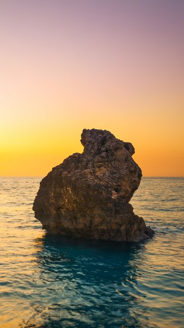 Milos Beach, Greece, Lefkada Island, Lone rock, Sunset Orange, Clear sky, Cliff, Horizon, Seascape, Water waves, Ocean blue