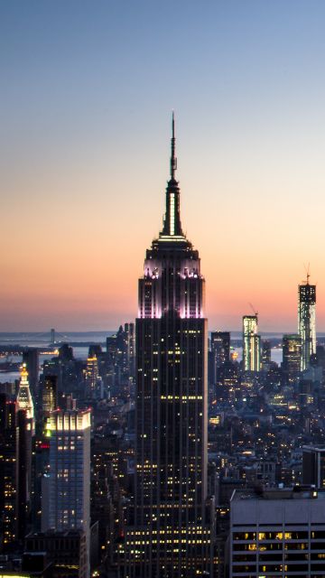 New York City, Aerial view, Cityscape, City lights, Landmark, Rockefeller Center, City Skyline, Sunset, Skyscrapers, Dusk, Horizon, High rise building