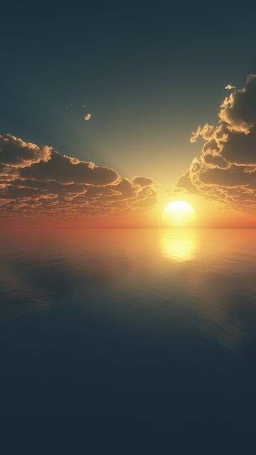 Sunset, Cloudy Sky, Horizon, Body of Water, Reflection, Seascape, Tree Branch, Digital render, Ocean