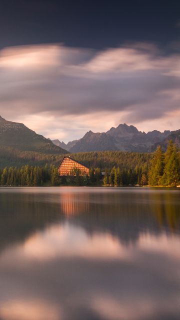 Strbske pleso, Tatra National Park, Slovakia, Boats, Lake, Landscape, Reflection, Mountain range, Lakeside, Wooden House, Long exposure