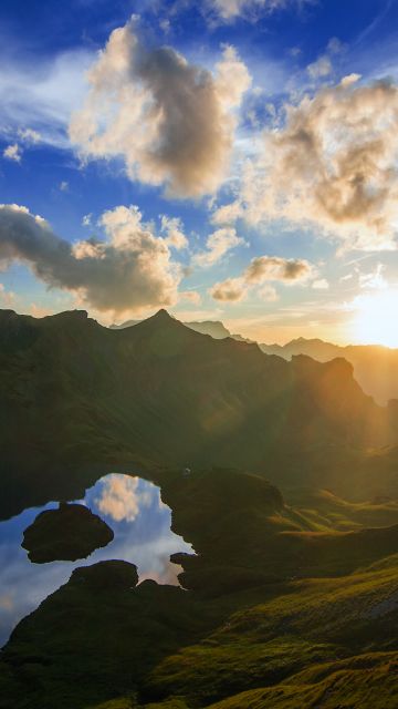 Schrecksee Lake, Germany, Sunset, Mirror Lake, Hinterstein, Landscape, Reflection, Sun rays, Mountain range, White Clouds