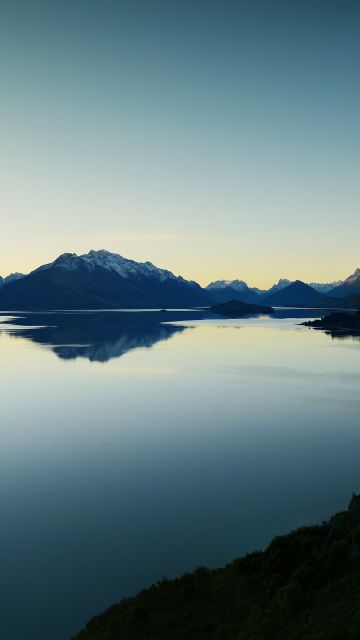 Lake Wakatipu, Evening sky, Queenstown, New Zealand, Landscape, Mountain range, Glacier mountains, Snow covered, Dusk, Reflection, Clear sky, Evening sky