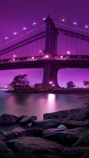Manhattan Bridge, 8K, New York City, United States, Purple sky, Body of Water, River, Suspension bridge, Landscape, Famous Place, Tourist attraction, Rocks, Long exposure, City lights, Cityscape, Purple aesthetic, 5K