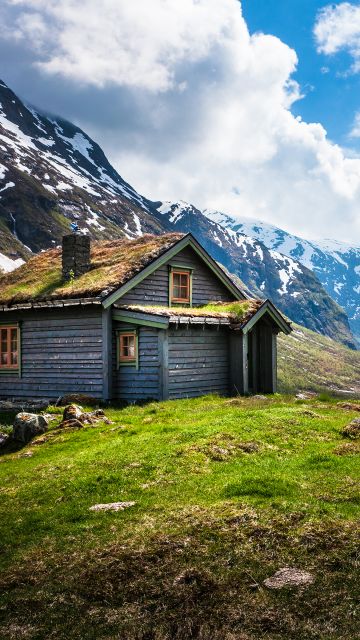Valley House, Wooden House, Cabin, Glacier mountains, Snow covered, Landscape, Scenery, White Clouds, Daytime, Norway