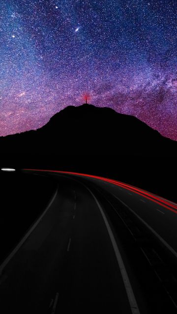 Mountain silhouette, Light trails, Long exposure, Astronomy, Starry sky, Galaxy, Milky Way, Road, Night time, Outer space, Purple sky
