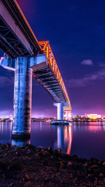 Mactan-Mandaue Bridge, Philippines, Under the bridge, Sergio Osmeña Bridge, Night time, City lights, Dusk, Body of Water, Worms Eye View, Reflection, Clear sky, 5K