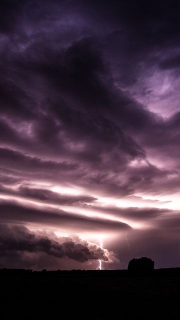 Lightning Strike, Thunderstorm, Stormy Clouds, Silhouette, Purple sky, Landscape, Long exposure, Sunset, Natural Phenomena