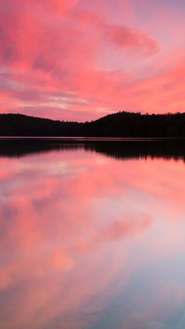 Mirror Lake, Pink sky, Silhouette, Reflection, Landscape, Scenery, Sunset