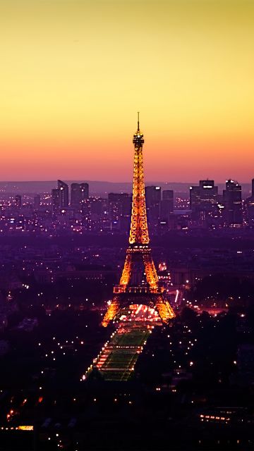 Eiffel Tower, Twilight, Sunset, Paris, France, Cityscape, City lights, Orange sky, Landmark, Tourist attraction, Famous Place, Horizon, Skyline