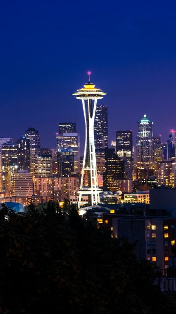 Space Needle, Seattle Skyline, Washington, Cityscape, City lights, Night time, Skyscrapers, Landmark