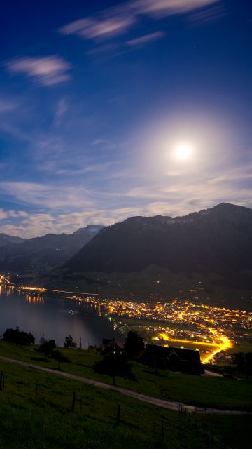 Lake Lucerne, Switzerland, Moon light, Landscape, Night time, Mountains, Blue Sky, Lakeside, Village, Dusk