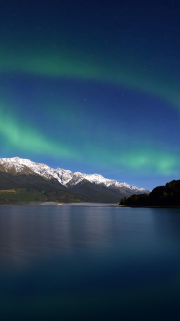 Lake Wakatipu, Aurora Borealis, New Zealand, Glacier mountains, Snow covered, Long exposure, Mountain range, Astronomy, Landscape, Scenery, Dawn, Night time