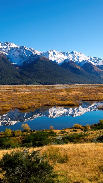 South of Rivendell, New Zealand, Landscape, Glacier mountains, Snow covered, Mountain range, Reflection, Blue Sky, Scenery