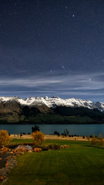 Lake Wakatipu, Night time, Queenstown, New Zealand, Glacier mountains, Mountain range, Snow covered, Astronomy, Starry sky, Landscape