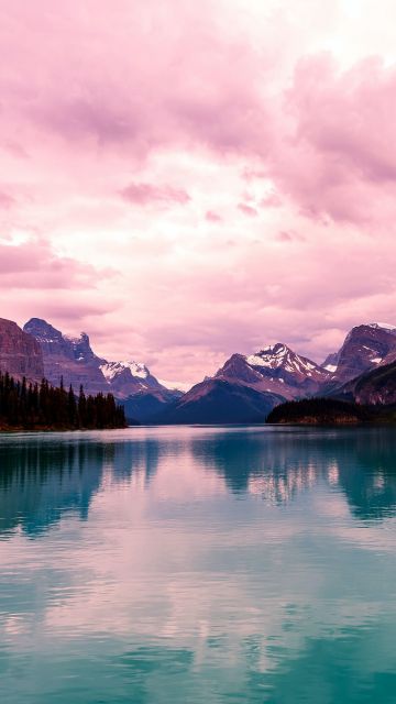 Maligne Lake, Aesthetic, Canada, Purple sky, Mountain range, Reflection, Landscape, Scenery, Long exposure