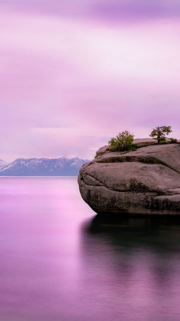 Lake Tahoe, United States of America, Pink sky, Rock, Long exposure, Mountain range, Body of Water, Pink Water, Landscape, Scenery, Shadow, 5K