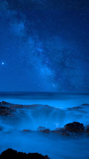 Thor's Well, Oregon, USA, Seascape, Blue Sky, Night time, Milky Way, Horizon, Galaxy, Starry sky, Ocean blue, Tourist attraction, Astronomy, Outer space, 5K