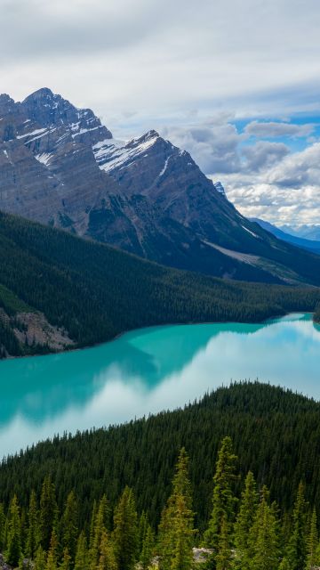 Peyto Lake, Canada, Glacier mountains, Snow covered, Landscape, Mountain range, Banff National Park, Canadian Rockies, Cloudy Sky, Turquoise water, 5K