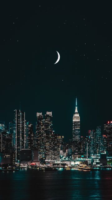 New York City, Starry sky, Cityscape, Night, City lights, Half moon