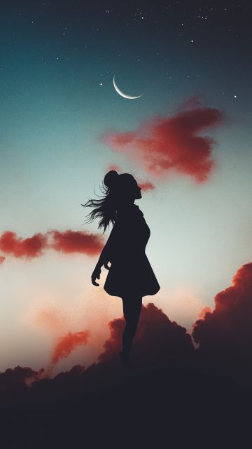 Girl, Mood, Silhouette, Evening sky, Crescent Moon, Aesthetic