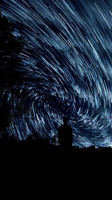 Star Trails, Standing Man, Silhouette, Long exposure, Pattern, Outer space, Night time, Astronomy, 5K