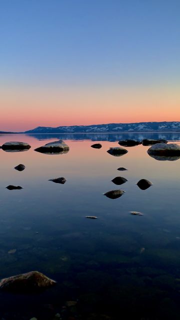 Mjøsa Lake, Norway, Sunset, Dusk, Red Sky, Clear sky, Rocks, Reflection, Landscape, Scenery