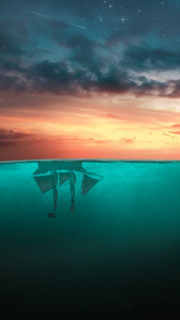 Ship, Moon, Upside down, Surreal, Cloudy Sky, Stars, Sunset Orange, Ocean, Blue Water