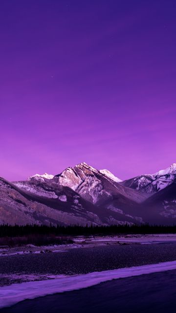 Jasper National Park, Purple aesthetic, Alberta, Canada, Morning glow, Purple sky, Rocky Mountains, Landscape, Long exposure, Mountain range, Scenery, 5K